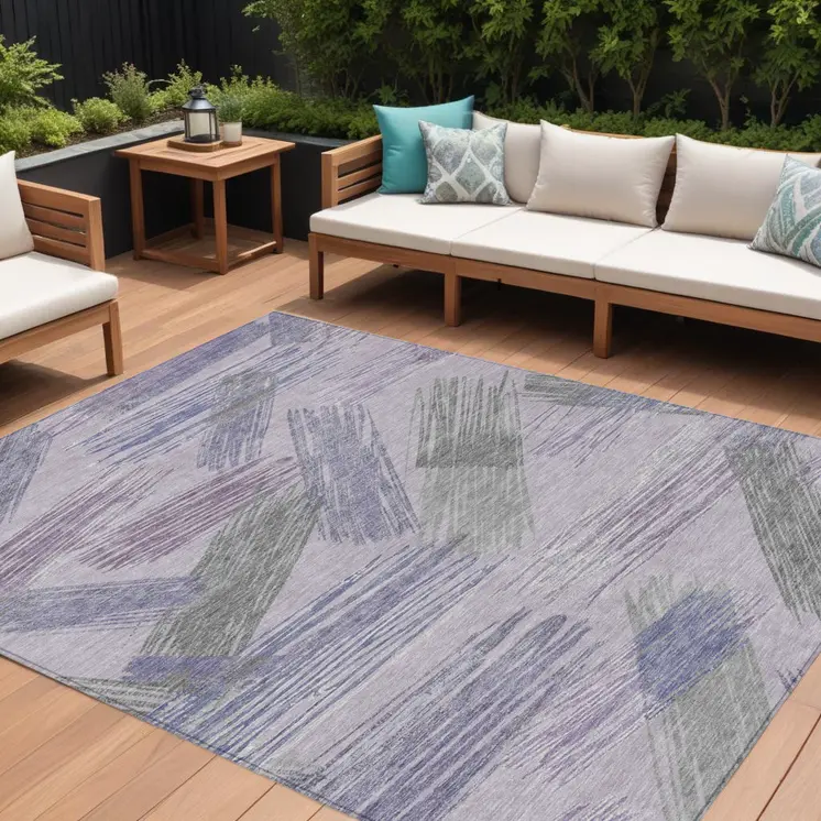 9' X 12' Lavender Lilac And Ivory Striped Washable Indoor Outdoor Area Rug