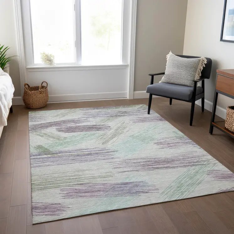 3' X 5' Sage Lavender And Mint Green Striped Washable Indoor Outdoor Area Rug