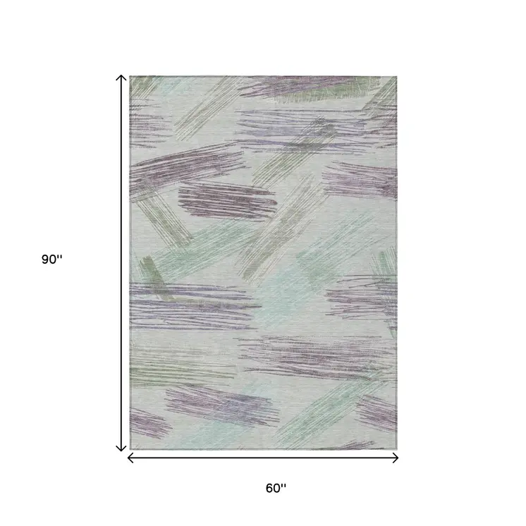 5' X 8' Sage Lavender And Mint Green Striped Washable Indoor Outdoor Area Rug