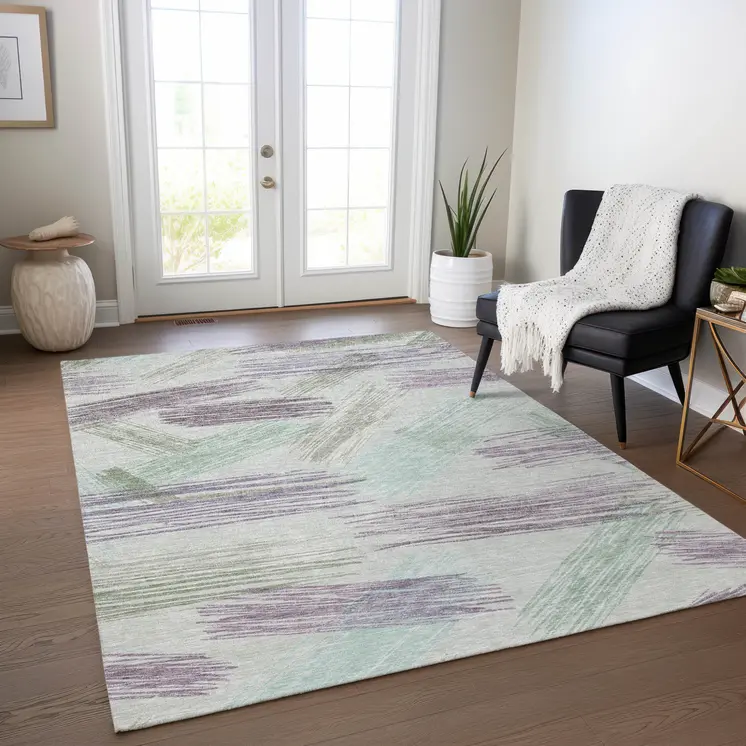 5' X 8' Sage Lavender And Mint Green Striped Washable Indoor Outdoor Area Rug
