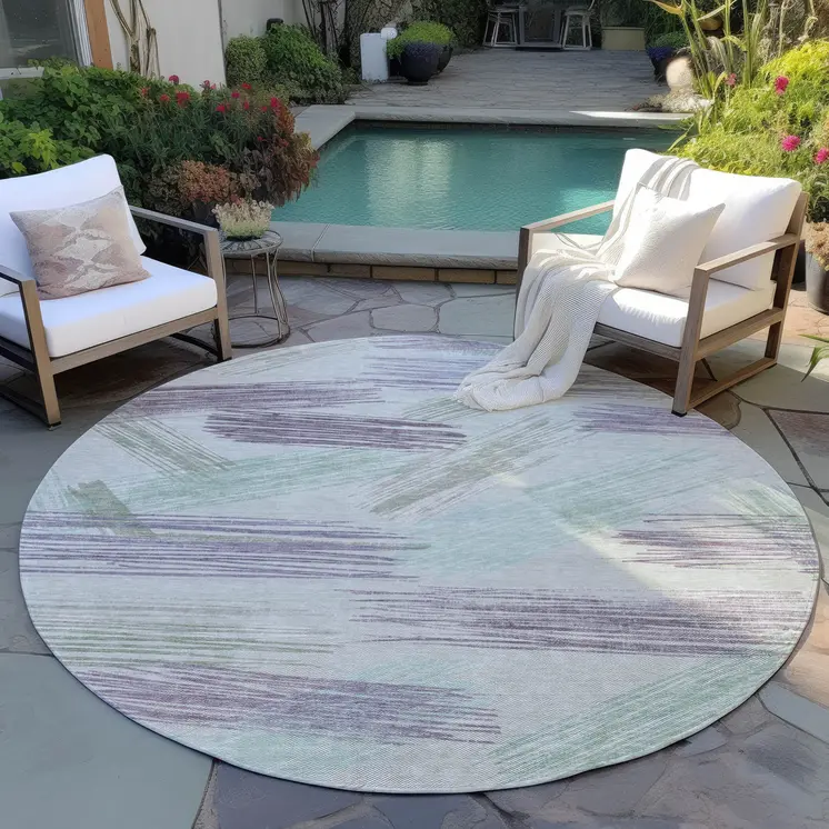 8' Sage Lavender And Mint Green Round Striped Washable Indoor Outdoor Area Rug