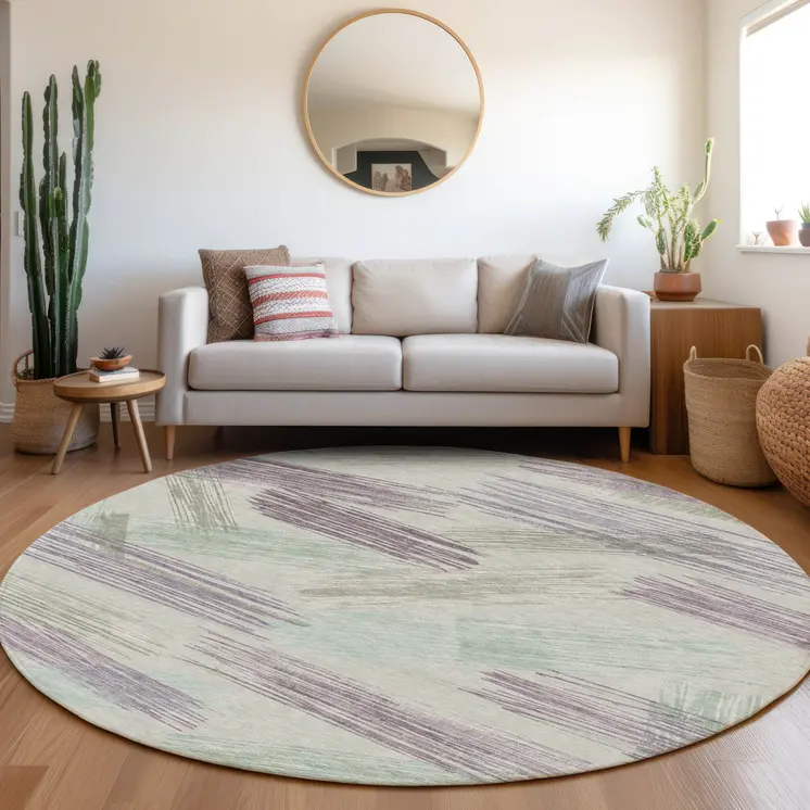 8' Sage Lavender And Mint Green Round Striped Washable Indoor Outdoor Area Rug