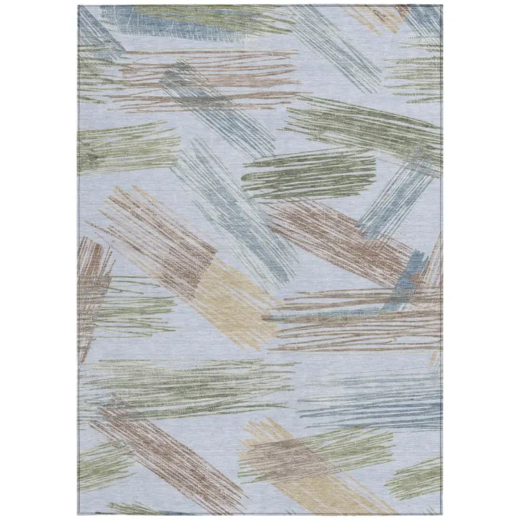3' X 5' Sky Blue Taupe And Olive Green Striped Washable Indoor Outdoor Area Rug