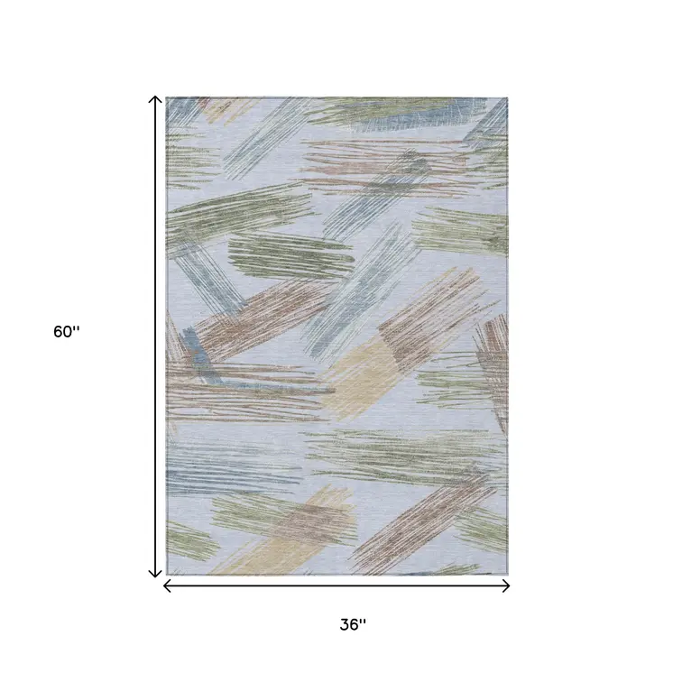 3' X 5' Sky Blue Taupe And Olive Green Striped Washable Indoor Outdoor Area Rug