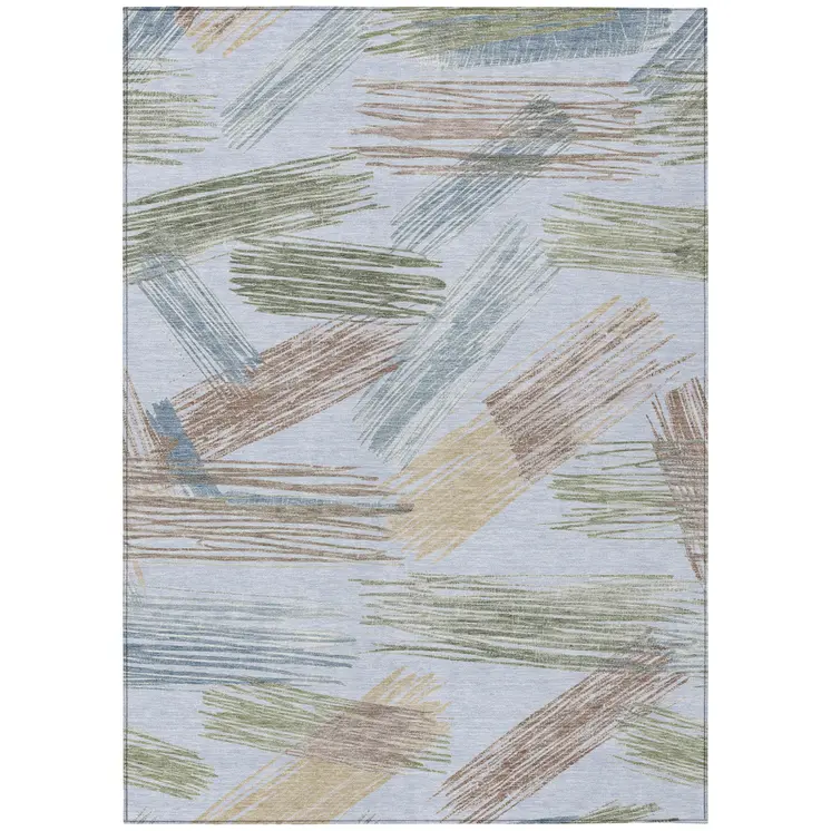 3' X 5' Sky Blue Taupe And Olive Green Striped Washable Indoor Outdoor Area Rug