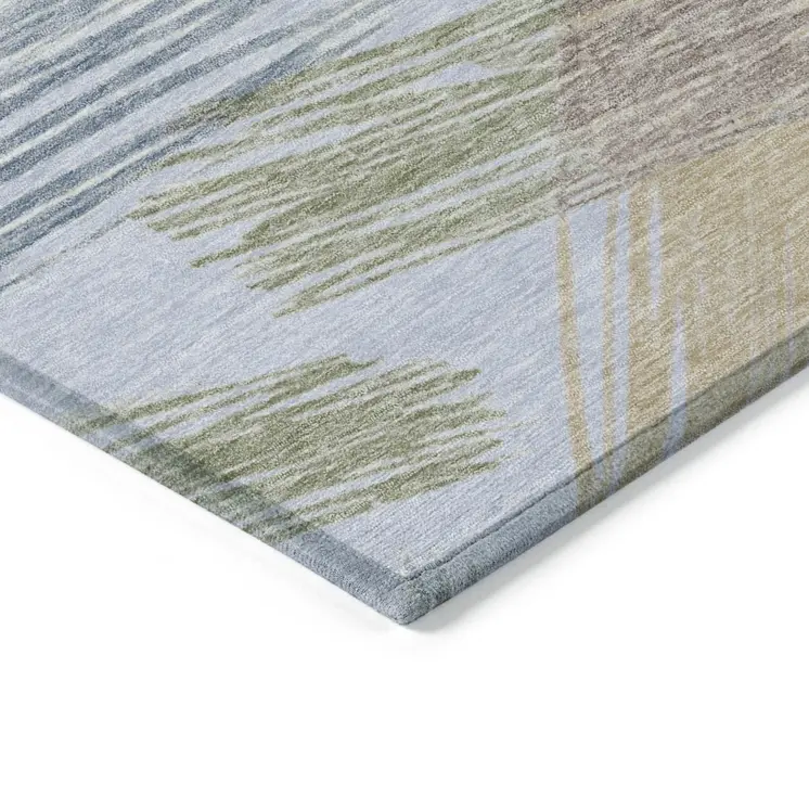 3' X 5' Sky Blue Taupe And Olive Green Striped Washable Indoor Outdoor Area Rug