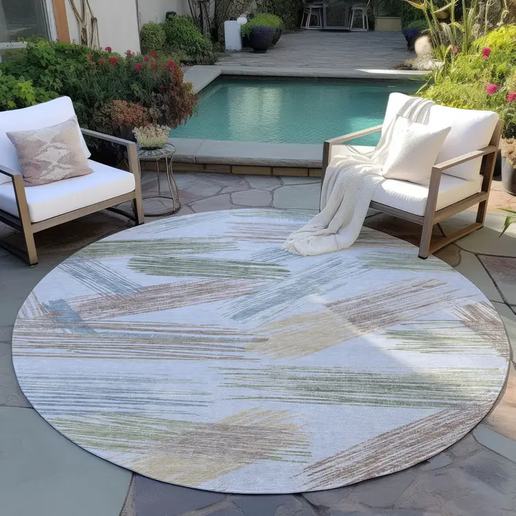8' Sky Blue Taupe And Olive Green Round Striped Washable Indoor Outdoor Area Rug