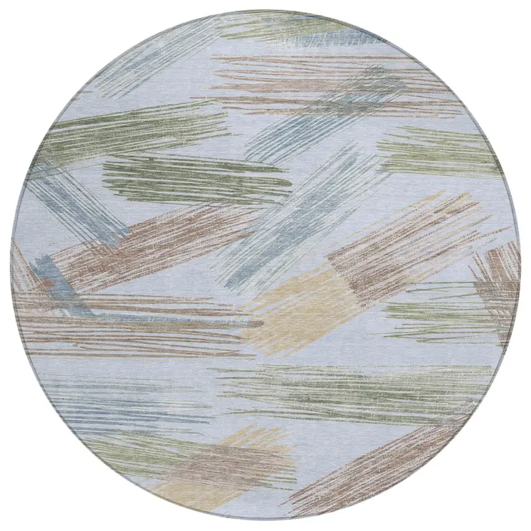 8' Sky Blue Taupe And Olive Green Round Striped Washable Indoor Outdoor Area Rug