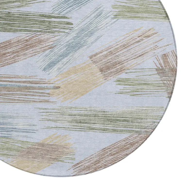 8' Sky Blue Taupe And Olive Green Round Striped Washable Indoor Outdoor Area Rug