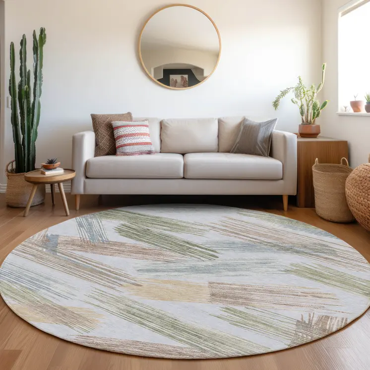8' Sky Blue Taupe And Olive Green Round Striped Washable Indoor Outdoor Area Rug