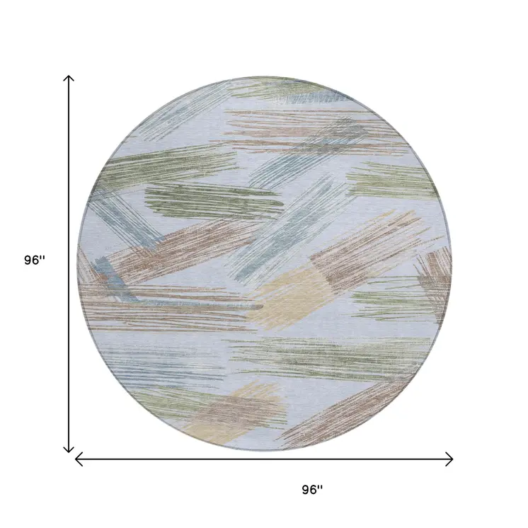 8' Sky Blue Taupe And Olive Green Round Striped Washable Indoor Outdoor Area Rug