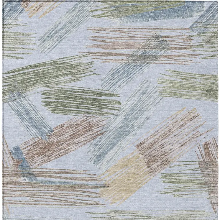 8' X 10' Sky Blue Taupe And Olive Green Striped Washable Indoor Outdoor Area Rug