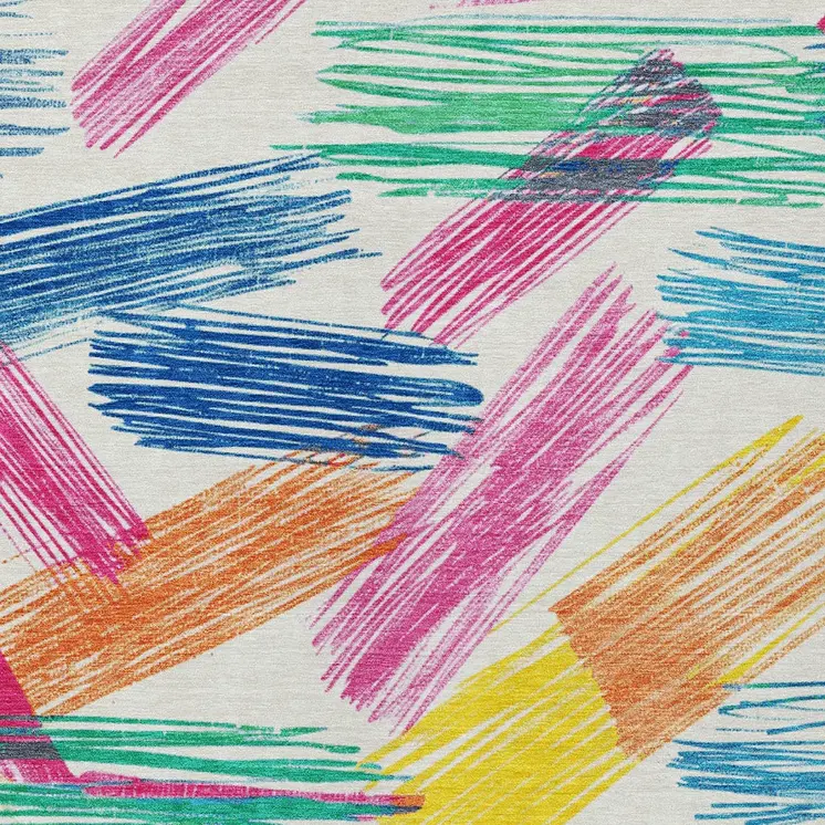 5' X 8' White Blue Yellow Orange And Pink Striped Washable Indoor Outdoor Area Rug