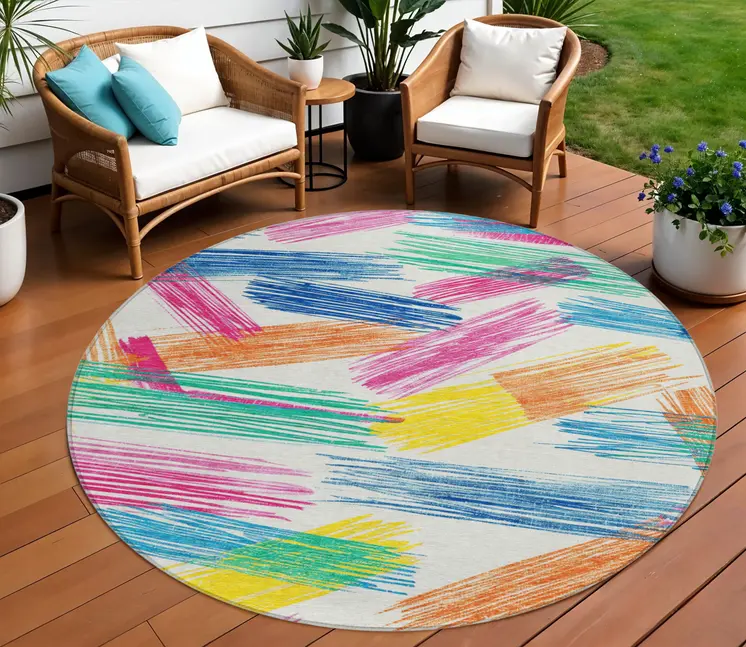 8' White Blue Yellow Orange And Pink Round Striped Washable Indoor Outdoor Area Rug
