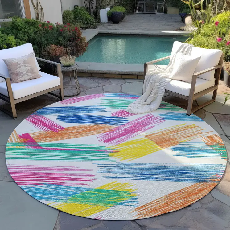 8' White Blue Yellow Orange And Pink Round Striped Washable Indoor Outdoor Area Rug