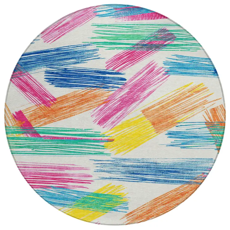 8' White Blue Yellow Orange And Pink Round Striped Washable Indoor Outdoor Area Rug