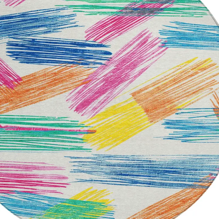 8' White Blue Yellow Orange And Pink Round Striped Washable Indoor Outdoor Area Rug