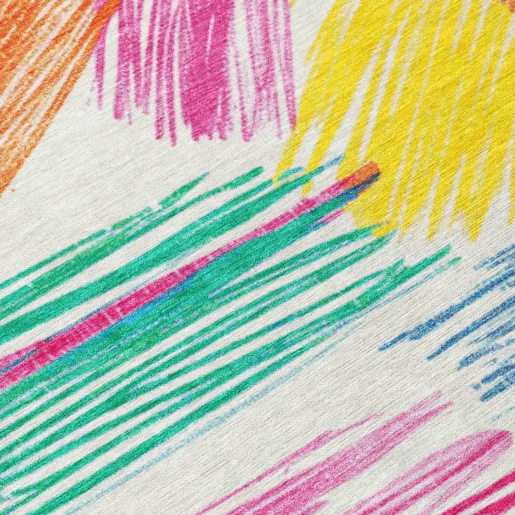 8' White Blue Yellow Orange And Pink Round Striped Washable Indoor Outdoor Area Rug