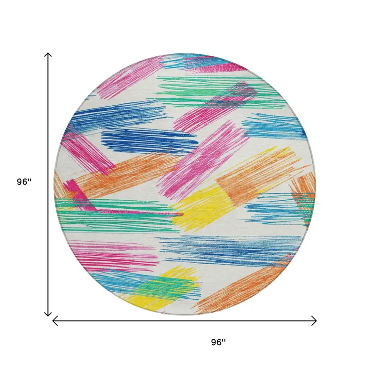 8' White Blue Yellow Orange And Pink Round Striped Washable Indoor Outdoor Area Rug