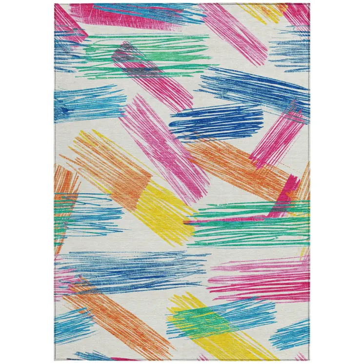 10' X 14' White Blue Yellow Orange And Pink Striped Washable Indoor Outdoor Area Rug
