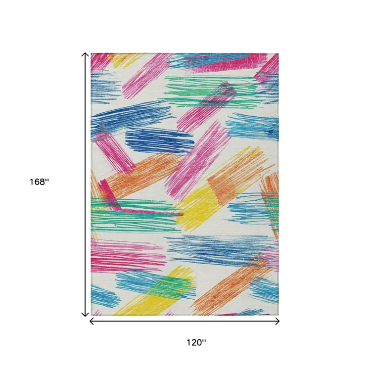 10' X 14' White Blue Yellow Orange And Pink Striped Washable Indoor Outdoor Area Rug