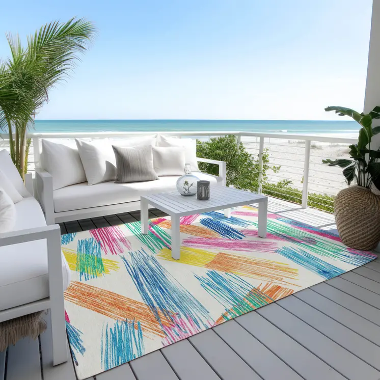 10' X 14' White Blue Yellow Orange And Pink Striped Washable Indoor Outdoor Area Rug