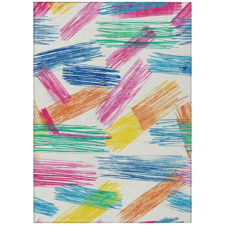 10' X 14' White Blue Yellow Orange And Pink Striped Washable Indoor Outdoor Area Rug