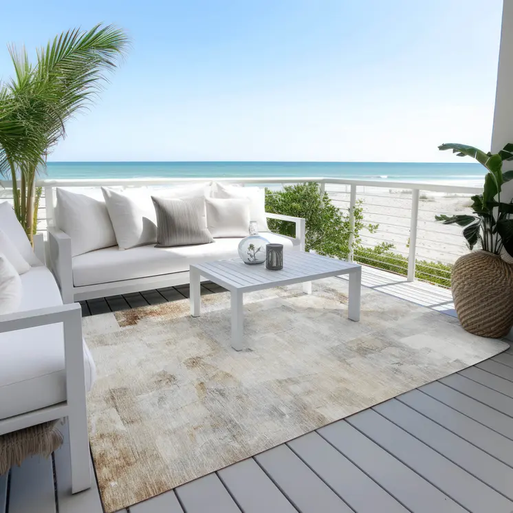 5' X 8' Beige Gray And Khaki Abstract Washable Indoor Outdoor Area Rug