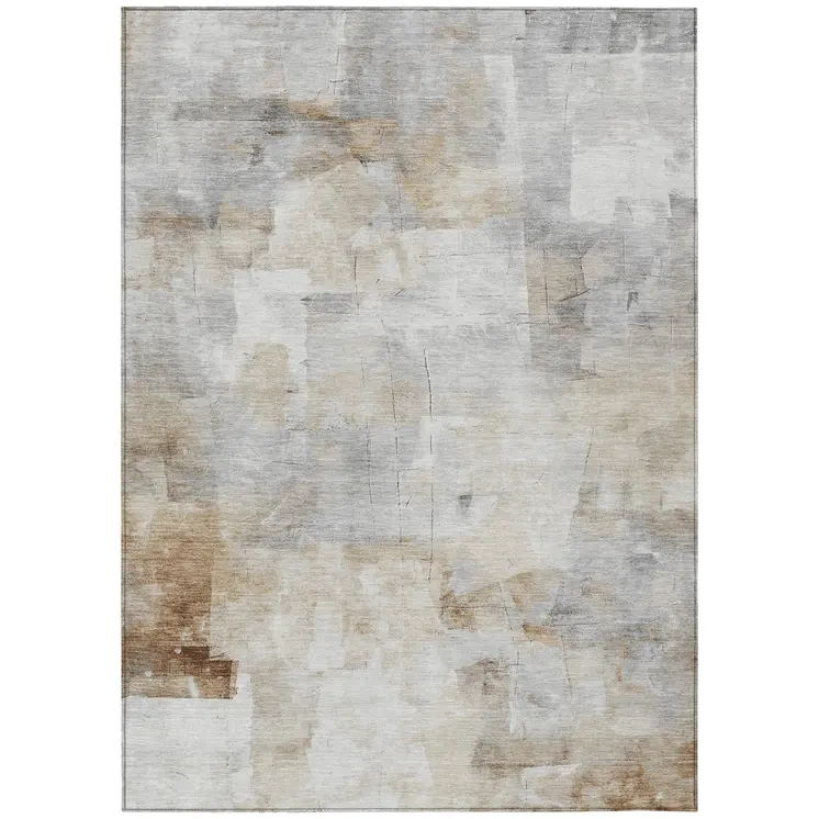 5' X 8' Beige Gray And Khaki Abstract Washable Indoor Outdoor Area Rug