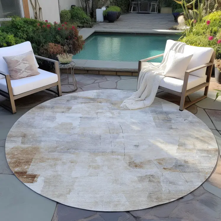 8' Beige Gray And Khaki Round Abstract Washable Indoor Outdoor Area Rug