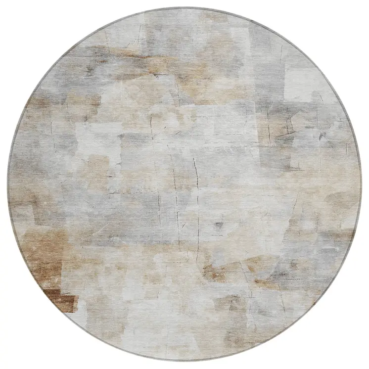 8' Beige Gray And Khaki Round Abstract Washable Indoor Outdoor Area Rug