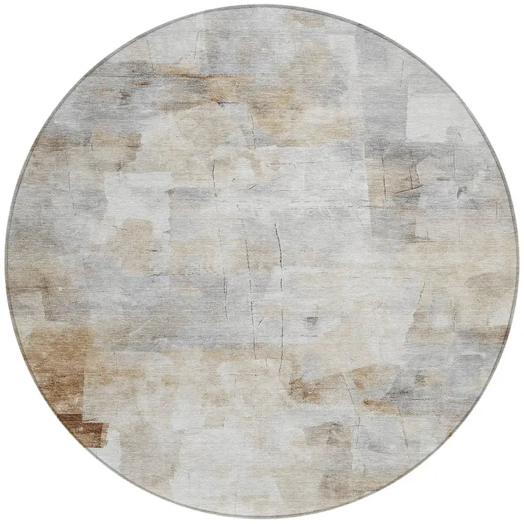 8' Beige Gray And Khaki Round Abstract Washable Indoor Outdoor Area Rug