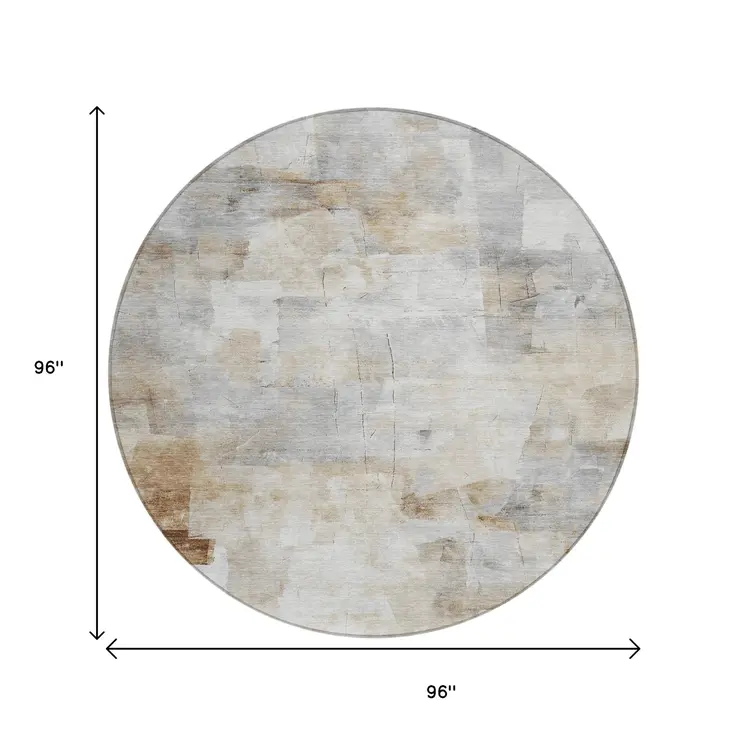 8' Beige Gray And Khaki Round Abstract Washable Indoor Outdoor Area Rug