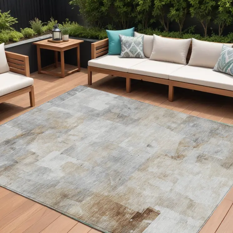 8' X 10' Beige Gray And Khaki Abstract Washable Indoor Outdoor Area Rug