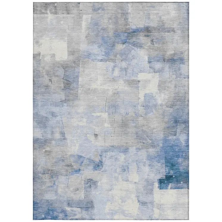 5' X 8' Denim Blue Gray And Ivory Abstract Washable Indoor Outdoor Area Rug