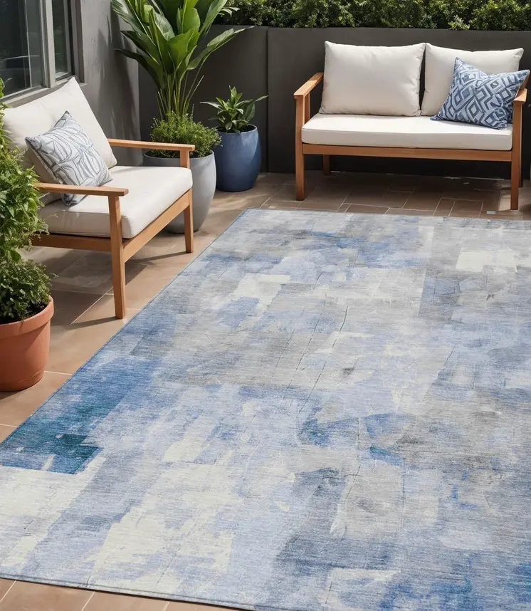 5' X 8' Denim Blue Gray And Ivory Abstract Washable Indoor Outdoor Area Rug