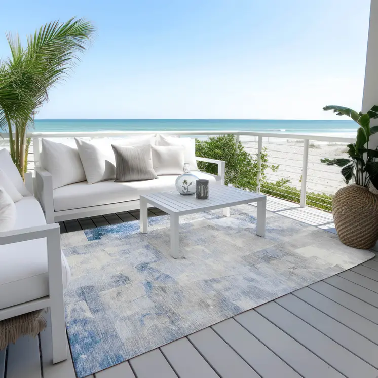 5' X 8' Denim Blue Gray And Ivory Abstract Washable Indoor Outdoor Area Rug