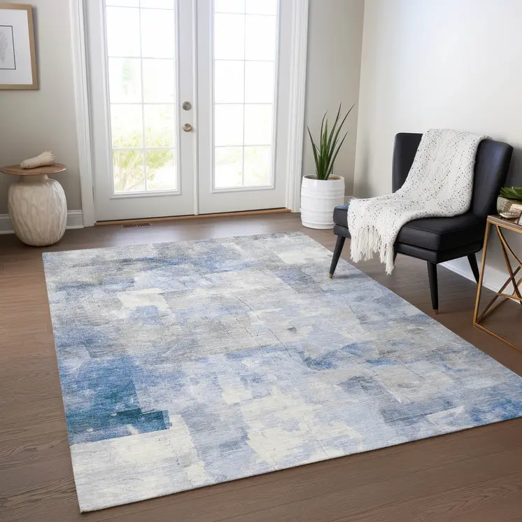 5' X 8' Denim Blue Gray And Ivory Abstract Washable Indoor Outdoor Area Rug