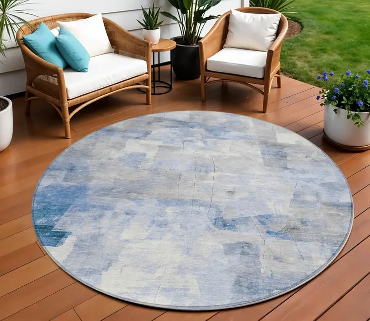 8' Denim Blue Gray And Ivory Round Abstract Washable Indoor Outdoor Area Rug