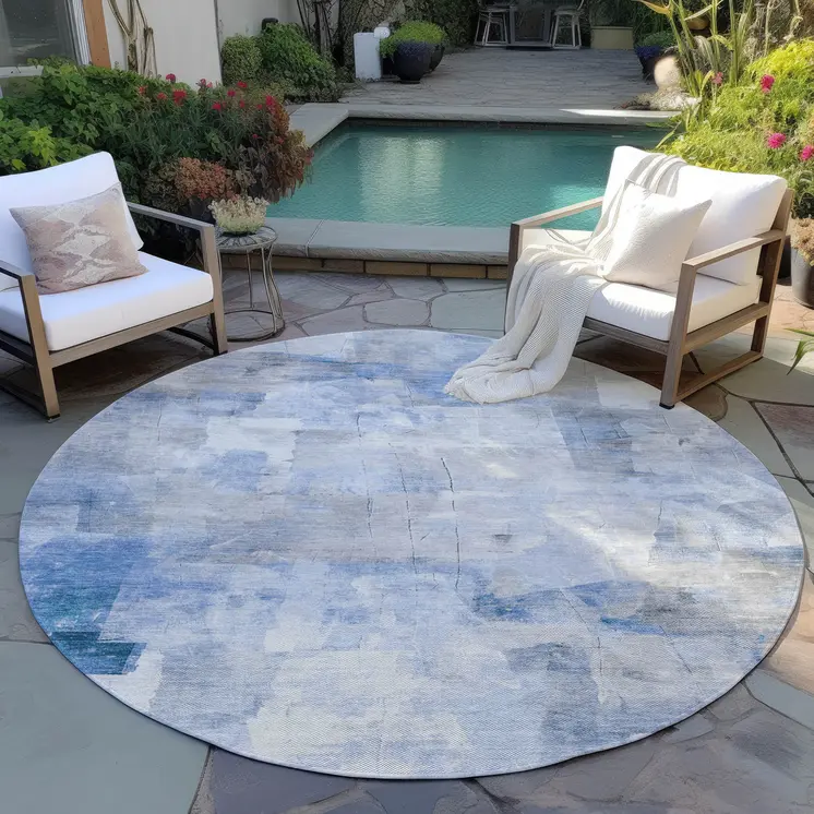 8' Denim Blue Gray And Ivory Round Abstract Washable Indoor Outdoor Area Rug