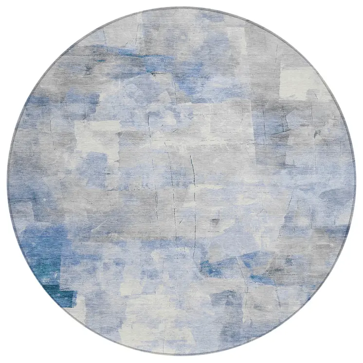 8' Denim Blue Gray And Ivory Round Abstract Washable Indoor Outdoor Area Rug