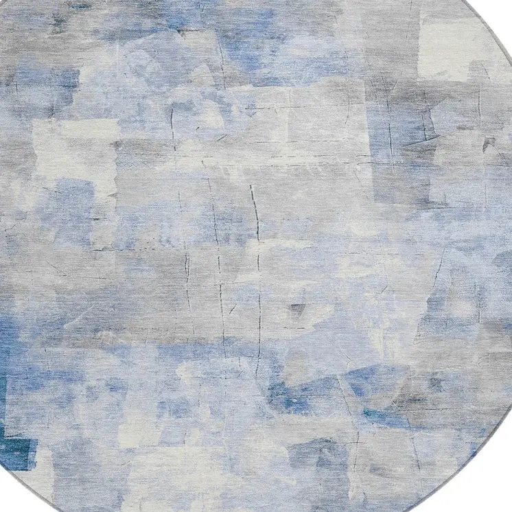 8' Denim Blue Gray And Ivory Round Abstract Washable Indoor Outdoor Area Rug