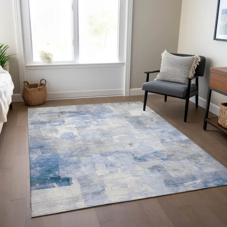 9' X 12' Denim Blue Gray And Ivory Abstract Washable Indoor Outdoor Area Rug