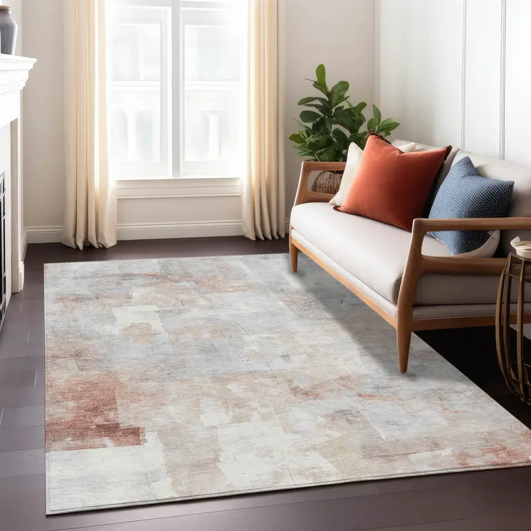 3' X 5' Rust Gray And Silver Abstract Washable Indoor Outdoor Area Rug