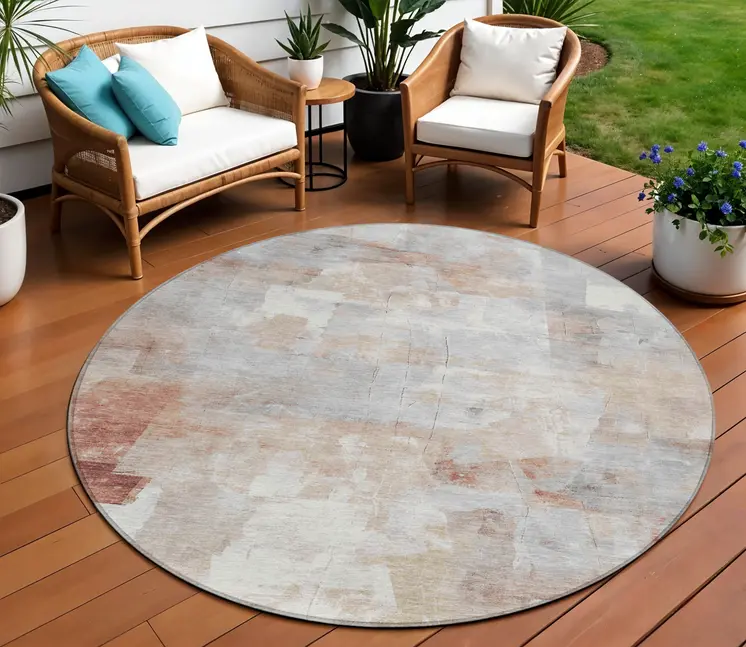 8' Rust Gray And Silver Round Abstract Washable Indoor Outdoor Area Rug