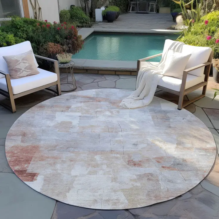 8' Rust Gray And Silver Round Abstract Washable Indoor Outdoor Area Rug