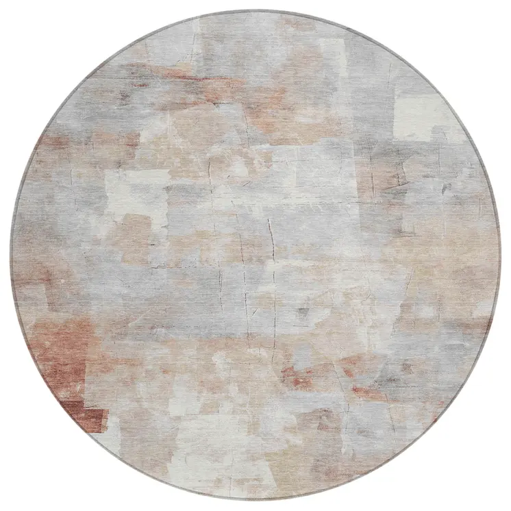 8' Rust Gray And Silver Round Abstract Washable Indoor Outdoor Area Rug