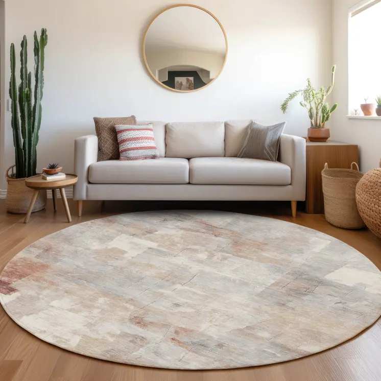 8' Rust Gray And Silver Round Abstract Washable Indoor Outdoor Area Rug