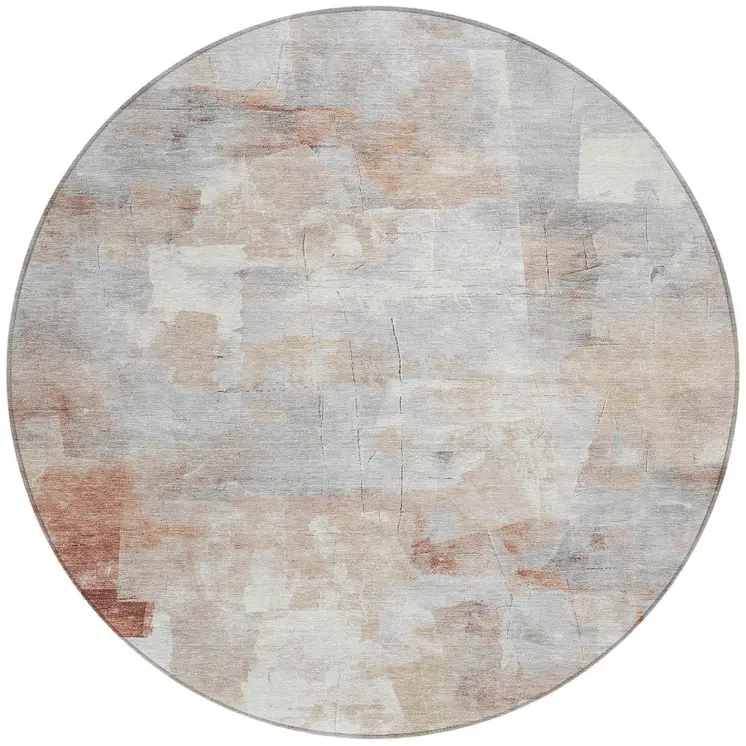 8' Rust Gray And Silver Round Abstract Washable Indoor Outdoor Area Rug