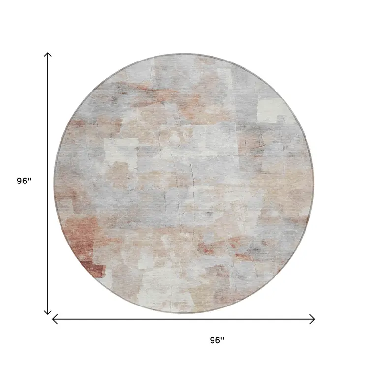 8' Rust Gray And Silver Round Abstract Washable Indoor Outdoor Area Rug